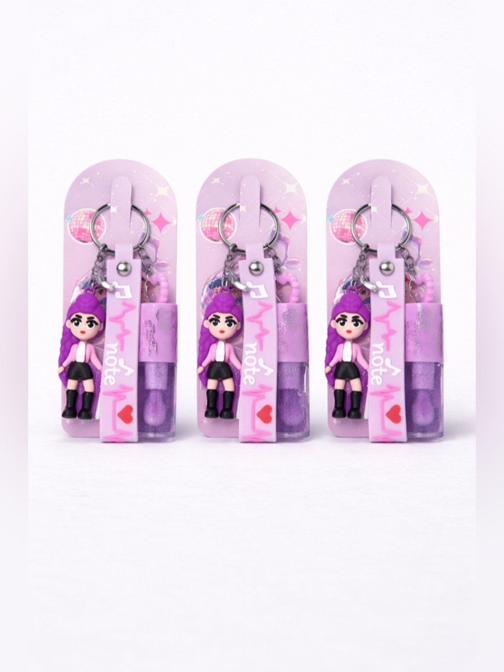 KPOP Purple Keychain Lip Gloss Set – 3 Pack Cute Charm Glosses New
